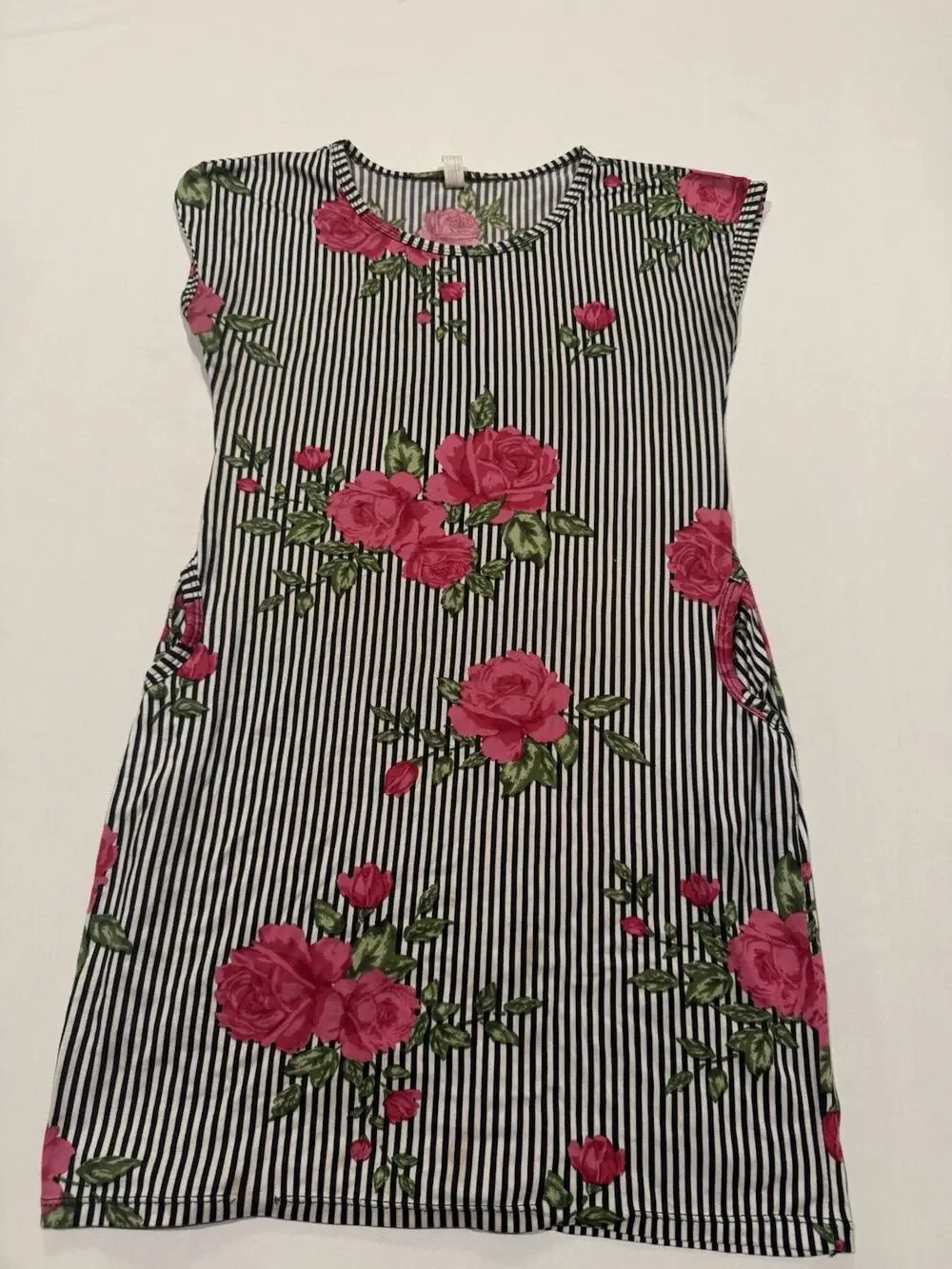 Women’s Floral Stripe Tunic Top Pink Rose Navy White Sleeveless Size M - Picture 1 of 4